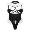 ACSUSS Womens Sexy Lingerie Deep V Front High Cut Thong Leotard Bodysuit Nun Cosplay Costumes Black One Size