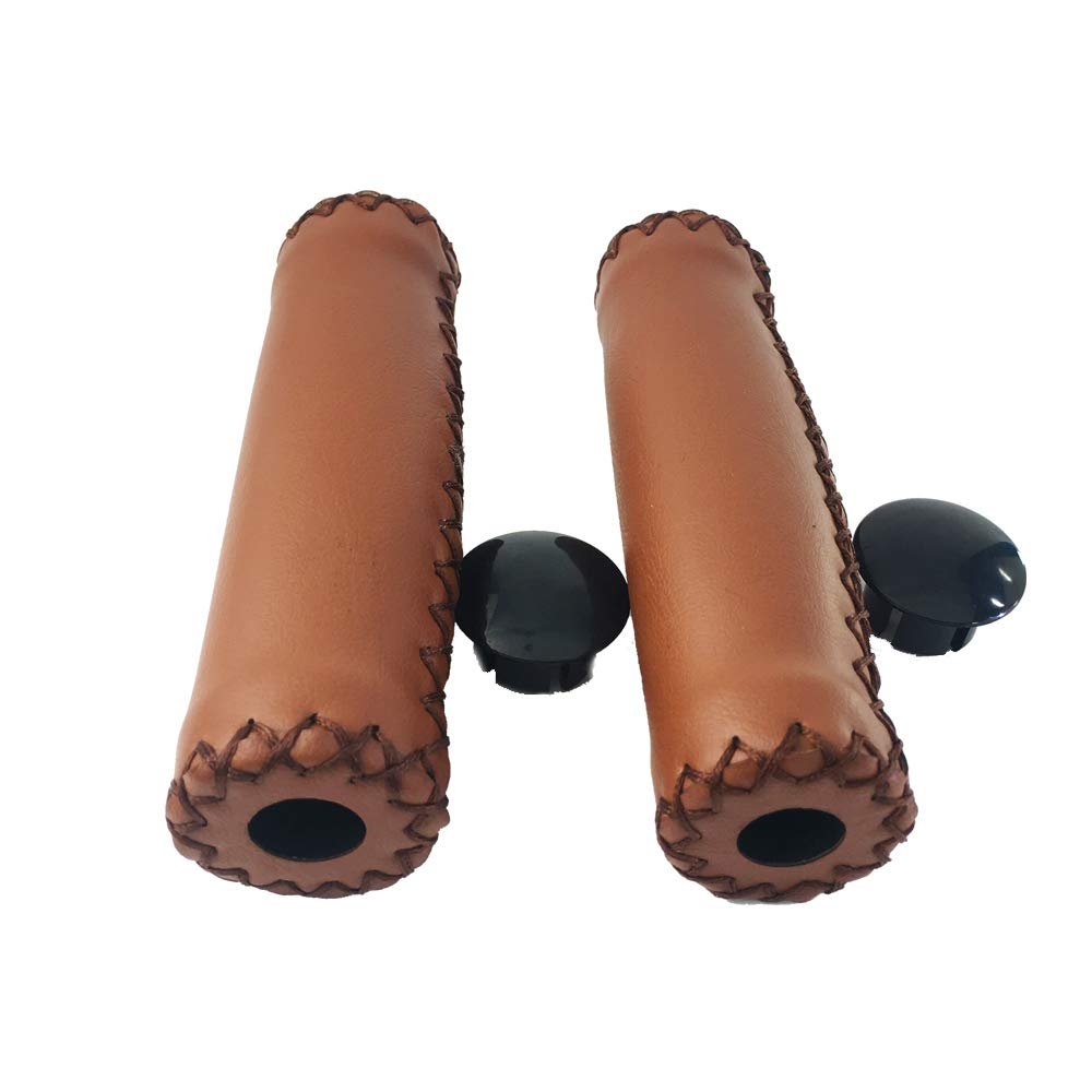 Retro Brown Bike Bicycle Soft Synthetic Leather Beach Cruiser Handlebar Cover Grips Bar with Caps for 7/8" Bike with 4pcs Brake Cable end caps