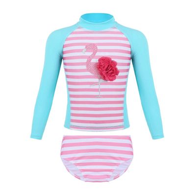 QinCiao Kids Girls Flamingo Long Sleeve Swimsuit Rash Guard Swim Shirt Top with Bikini Bottom Sun Protection Swimwear Lake Blue&Pink 18-24 Months