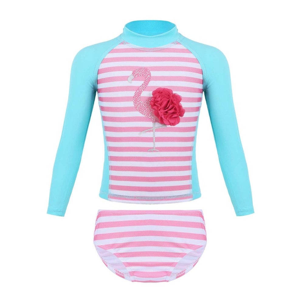 QinCiao Kids Girls Flamingo Long Sleeve Swimsuit Rash Guard Swim Shirt Top with Bikini Bottom Sun Protection Swimwear Lake Blue&Pink 18-24 Months