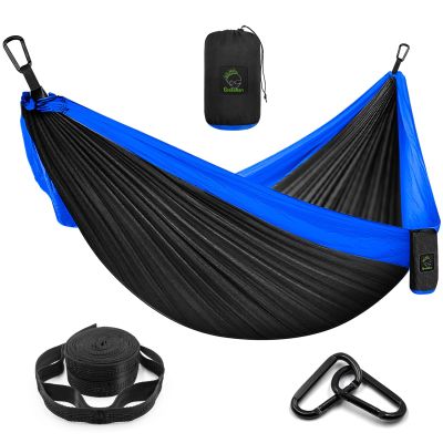 Camping Hammock Double & Single Portable Hammock with Tree Straps, Lightweight Nylon Parachute Hammocks Camping Accessories Gear for Indoor Outdoor Backpacking, Travel, Hiking, Beach Black & Sapphire