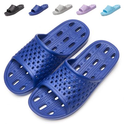 Aoowoll Men Shower Shoes Women Shower Slippers Sandals Non Slip Rubber Flip Flops Slides with Holes Unisex Gym Indoor College Dorm (Blue 11.5-12 Wide Women/10-10.5 Men)