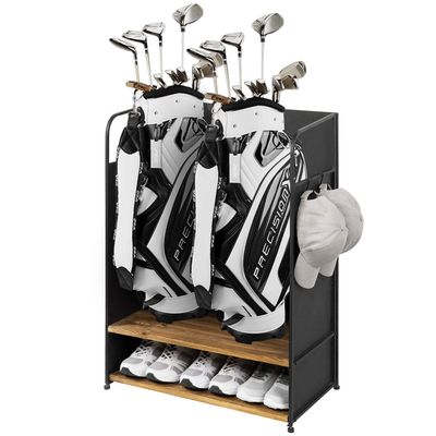 MyGift 2 Golf Bag Organizer with 2 Tier Burnt Wood Shelf for Shoes, Equipment and Hooks for Hat and Towels, Deluxe Matte Black Metal Golf Bag Storage Rack