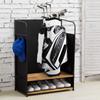 MyGift 2 Golf Bag Organizer with 2 Tier Burnt Wood Shelf for Shoes, Equipment and Hooks for Hat and Towels, Deluxe Matte Black Metal Golf Bag Storage Rack view 3