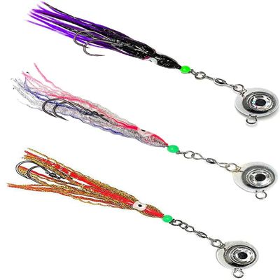 Fluke Ball Jigs with Hoochie Stinger Rigs 6 oz, 3 Sets Assorted Colors, for Saltwater Bottom Fishing, Ideal for Fluke, Halibut & Sea Bass