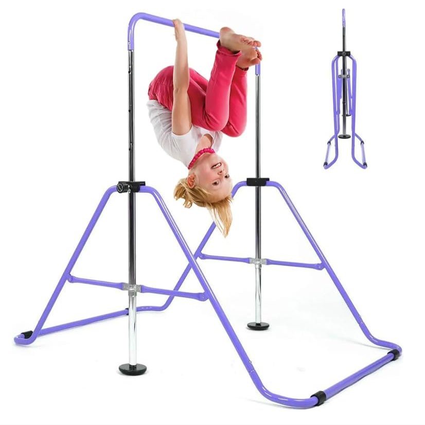 GYMPRO Kids Gymnastics Training Bar Purple Horizontal Kip Bar Gymnastic Equipment Junior Training Height Adjustable Monkey Bars Folding Climb Tower Children Playground Jungle Gym w Stretch Band