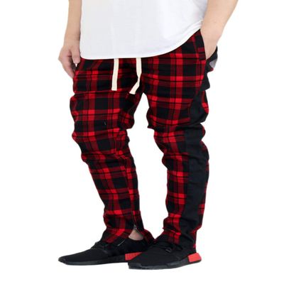 AIRNINE Men's Premium Twill Stretch Plaid Track Ankle Zip Jogger Pants S-5XL (Red, 3X-Large)