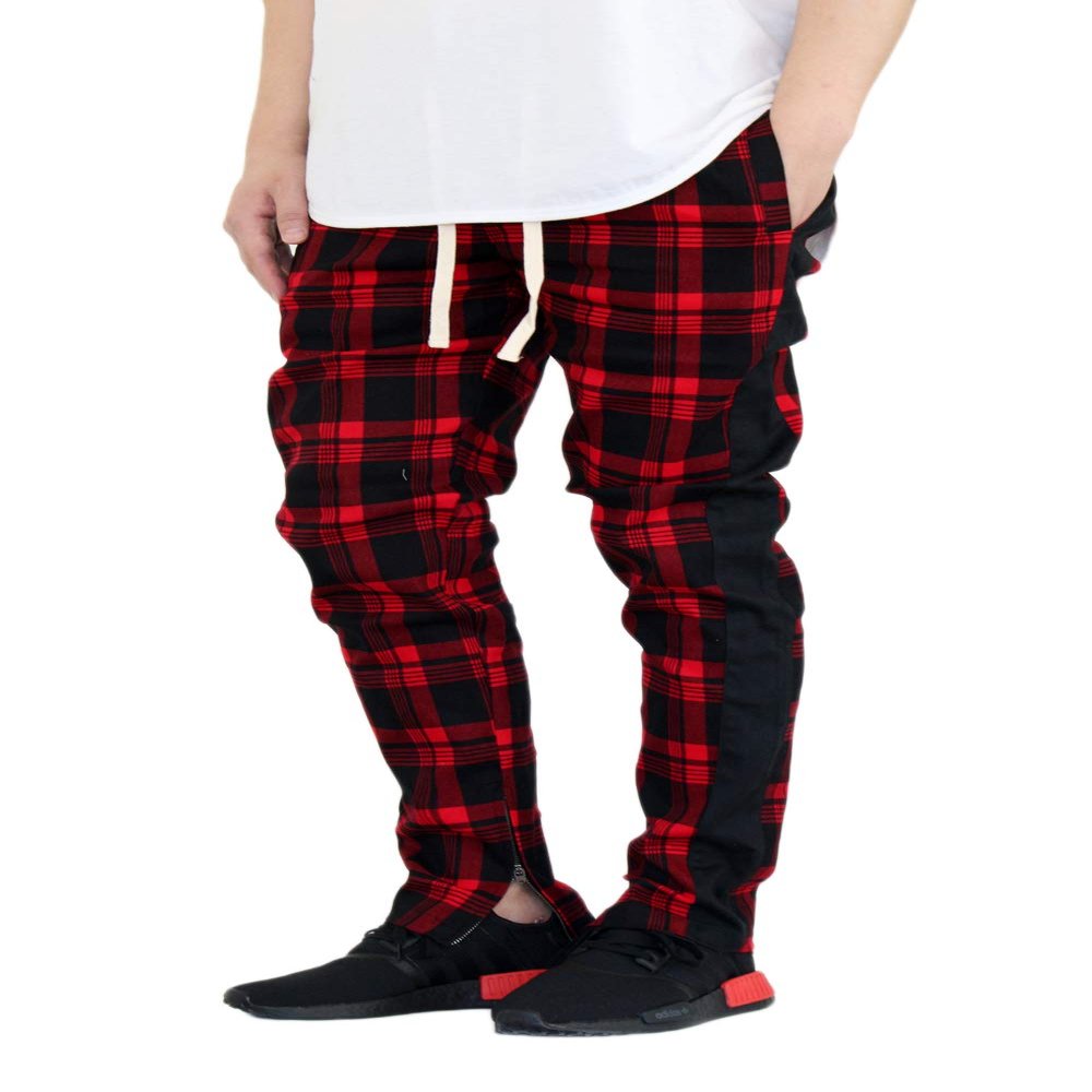 AIRNINE Men's Premium Twill Stretch Plaid Track Ankle Zip Jogger Pants S-5XL (Red, 3X-Large)