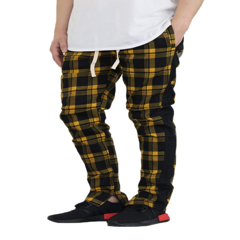 AIRNINE Men's Premium Twill Stretch Plaid Track Ankle Zip Jogger Pants S-5XL (Gold, Medium)