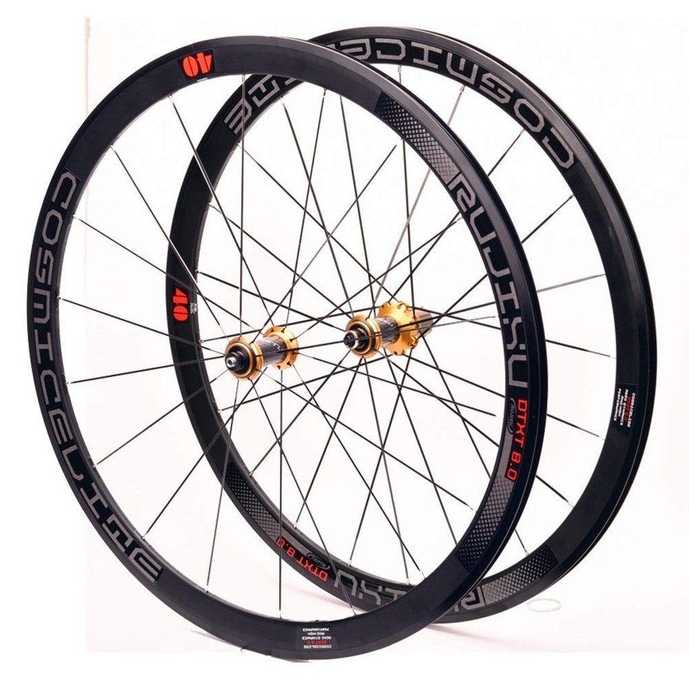 Bike Wheels 700C V/C Brake Double Wall Alloy Rim 40mm Bicycle Wheel Set 8-11 Speed Carbon Fiber Cassette Hubs QR Sealed Bearing (Size : Gold hub)