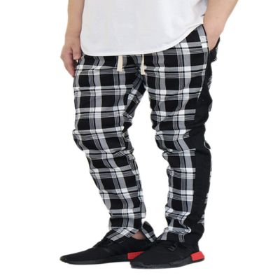 AIRNINE Men's Premium Twill Stretch Plaid Track Ankle Zip Jogger Pants S-5XL (Black, Small)
