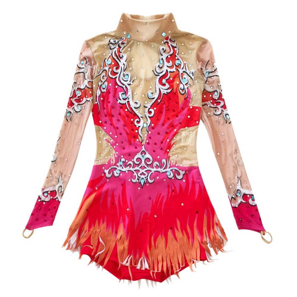 LIUHUO Rhythmic Gymnastics Costumes Red High-Neck Ballroom Dress Long Sleeves Gymnastics Leotards
