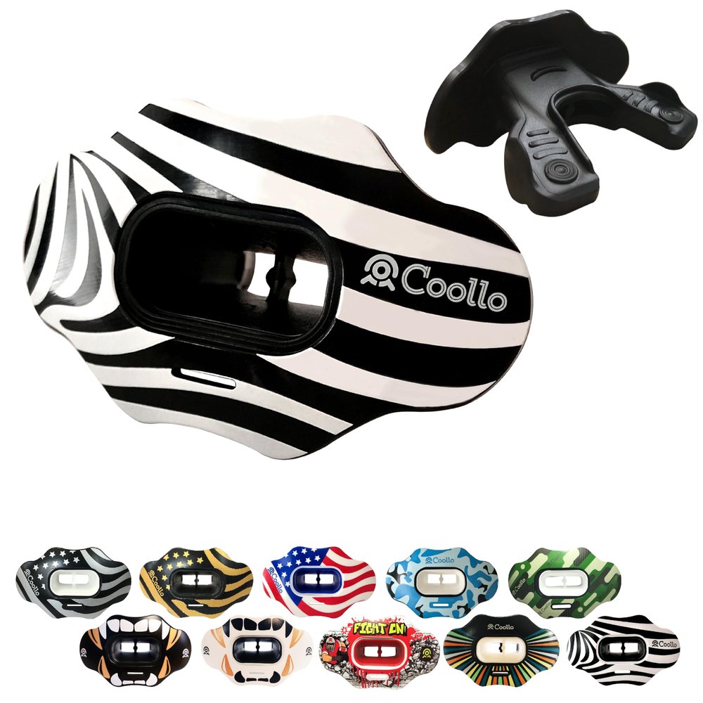 COOLLO SPORTS Lip Guard Mouthguard MAXX/Might Football and High Impact Sports Lip Protector for Adults & Youth (Strap Included) (Zebra -White -(One Layer), Without Case (Adult 8+))
