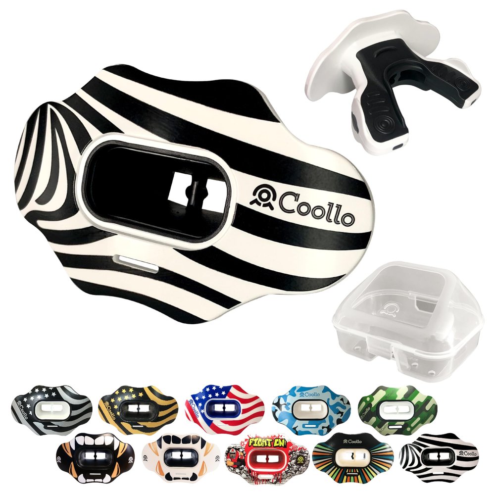 COOLLO SPORTS Lip Guard Mouthguard MAXX/Might Football and High Impact Sports Lip Protector for Adults & Youth (Strap Included) (Zebra -Black -(Two Layers), with Case (Adult 8+))
