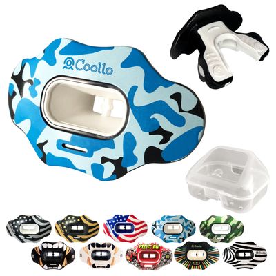 COOLLO SPORTS Lip Guard Mouthguard MAXX/Might Football and High Impact Sports Lip Protector for Adults & Youth (Strap Included) (Camo -Blue -(Two Layers), with Case (Adult 8+))