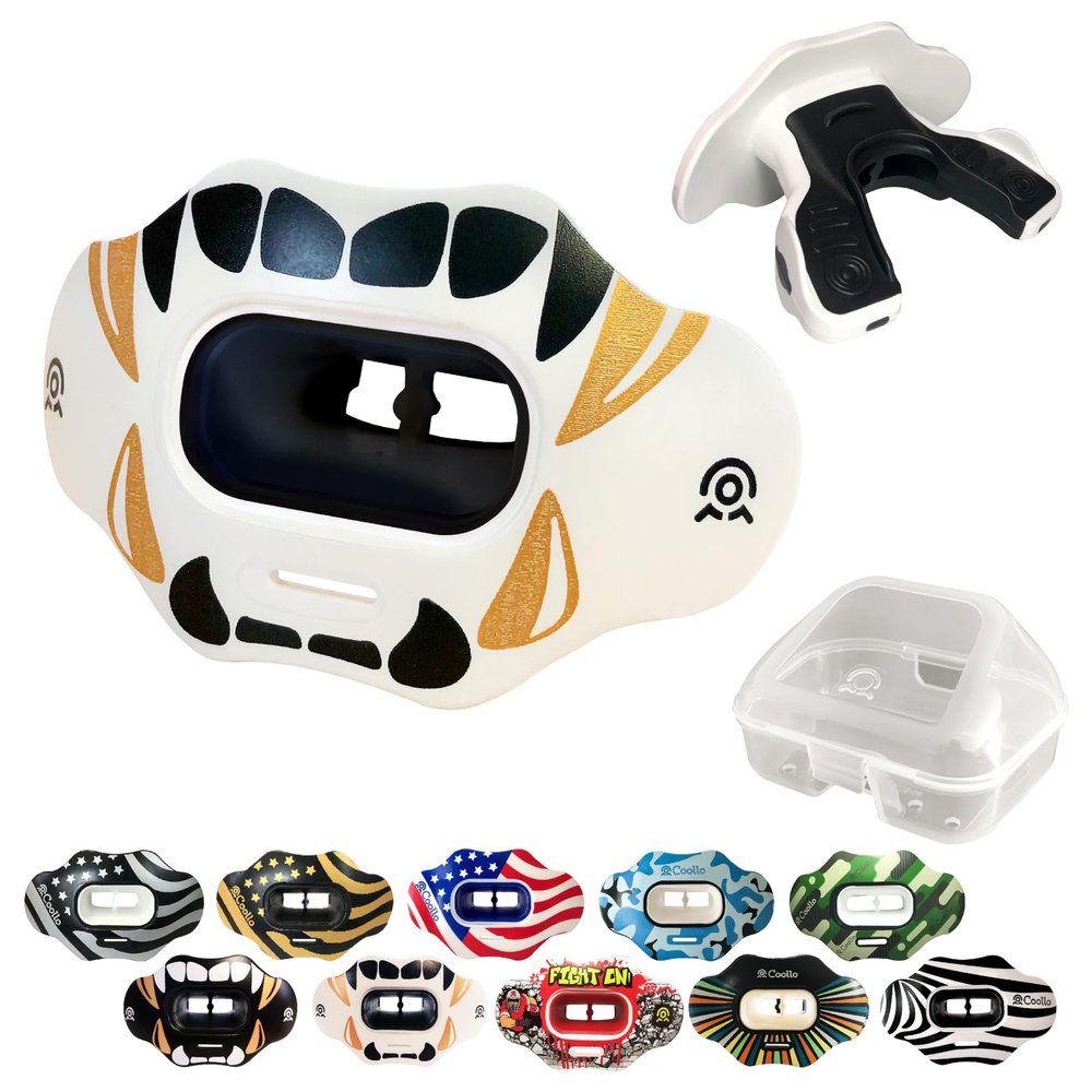 COOLLO SPORTS Lip Guard Mouthguard MAXX/Might Football and High Impact Sports Lip Protector for Adults & Youth (Strap Included) (Golden Black Fangs -(Two Layers), with Case (Adult 8+))