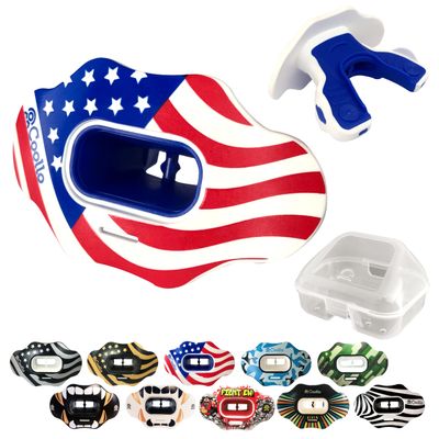 COOLLO SPORTS Lip Guard Mouthguard MAXX/Might Football and High Impact Sports Lip Protector for Adults & Youth (Strap Included) (American Flag -(Two Layers), with Case (Adult 8+))