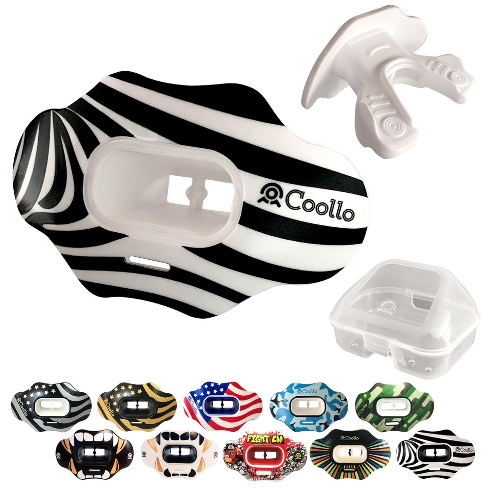 COOLLO SPORTS Lip Guard Mouthguard MAXX/Might Football and High Impact Sports Lip Protector for Adults & Youth (Strap Included) (Zebra -Black -(One Layer), with Case (Adult 8+))