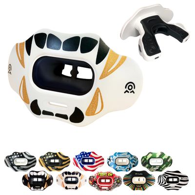 COOLLO SPORTS Lip Guard Mouthguard MAXX/Might Football and High Impact Sports Lip Protector for Adults & Youth (Strap Included) (Golden Black Fangs -(Two Layers), Without Case (Adult 8+))
