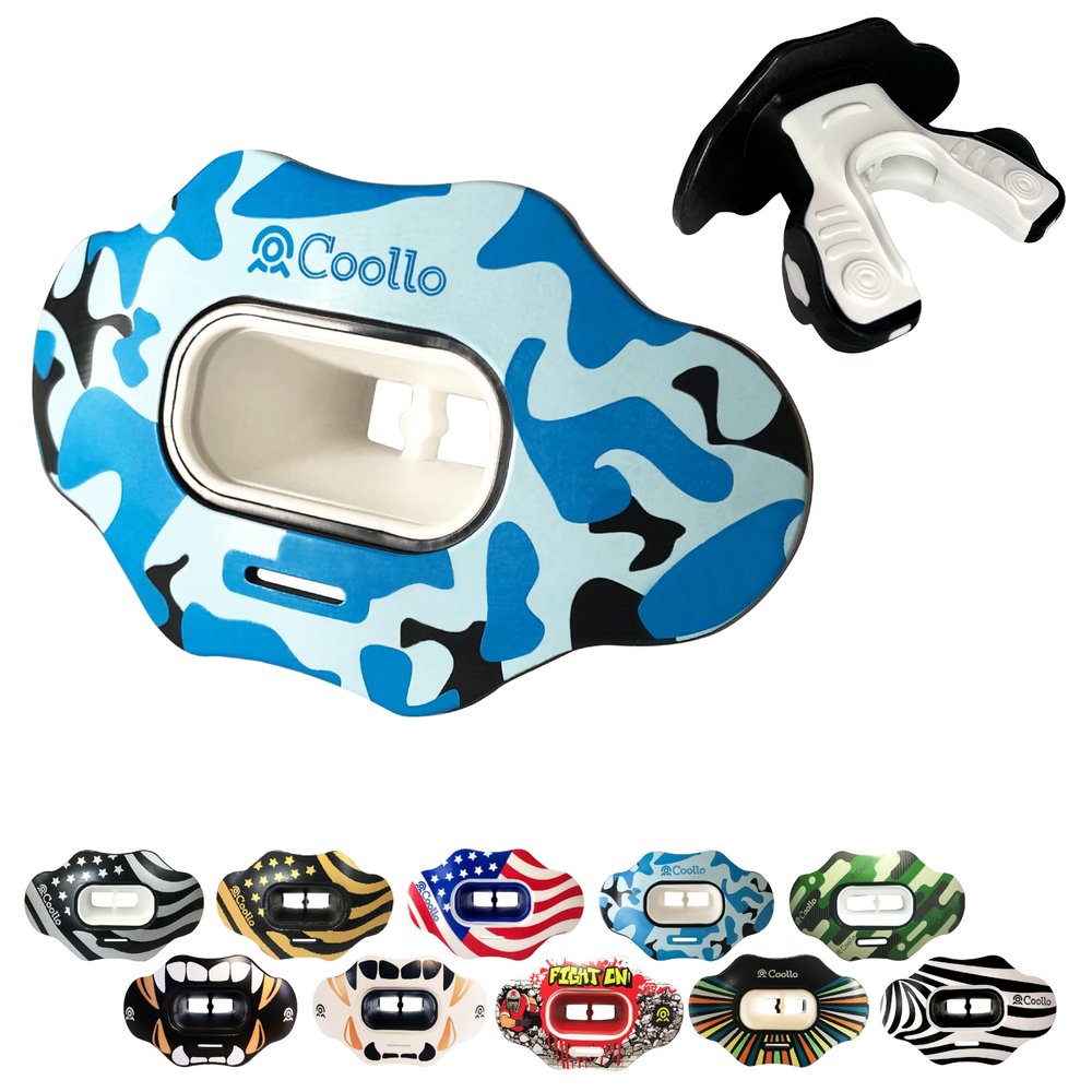 COOLLO SPORTS Lip Guard Mouthguard MAXX/Might Football and High Impact Sports Lip Protector for Adults & Youth (Strap Included) (Camo -Blue -(Two Layers), Without Case (Adult 8+))