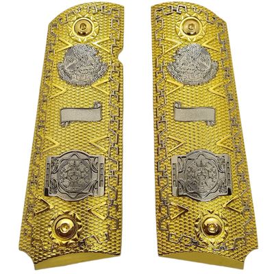 Aztec Calendar and Mexican Eagle 1911 Full-Size Grips . Premium Gold & Nickel-Plated with Ambi Cut, Fits Standard Government 1911 Models, Includes Screws