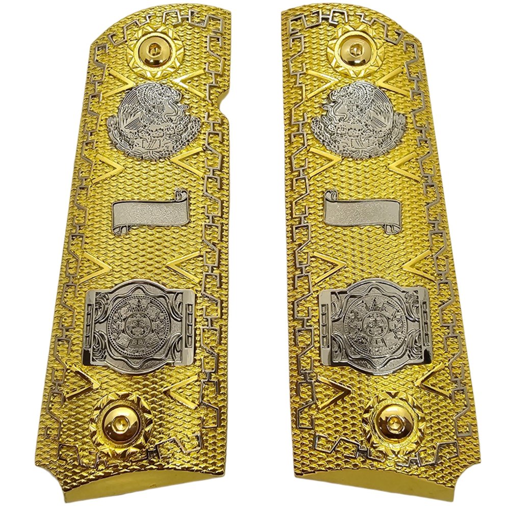 Aztec Calendar and Mexican Eagle 1911 Full-Size Grips . Premium Gold & Nickel-Plated with Ambi Cut, Fits Standard Government 1911 Models, Includes Screws