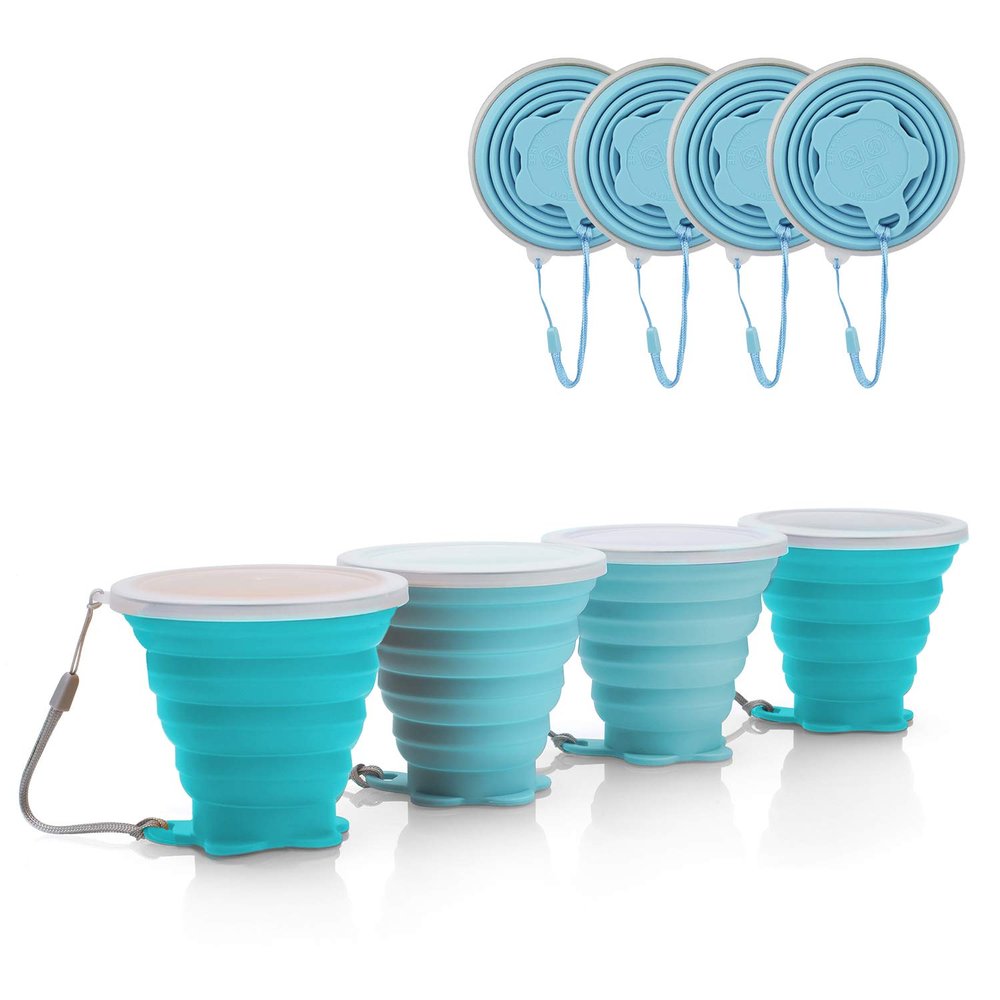 JBER Silicone Collapsible Travel Cup, 4 Pack Silicone Folding Camping Cup with Lids Expandable Drinking Cup Set BPA Free Reusable Portable Graduated for Outdoor Hiking Travel