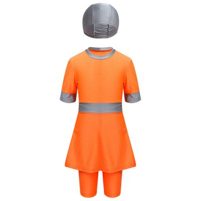 Hularka Kids Girls 3 Pieces Modest Conservative Swimsuits Short Sleeve Top Pants with Swimming Cap Burkini Swim Outfit Orange 18-24 Months