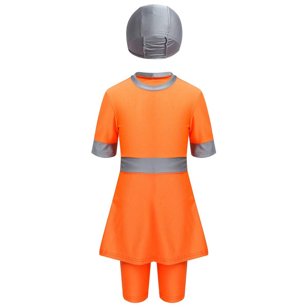 Hularka Kids Girls 3 Pieces Modest Conservative Swimsuits Short Sleeve Top Pants with Swimming Cap Burkini Swim Outfit Orange 18-24 Months