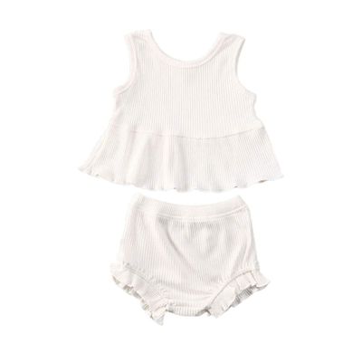 Baby Girl Summer Solid Outfit Set Todler Girls Sleeveless Ruffle Top+Ribbed Shorts Little Girl 2 Piece Clothes Set (A-White, 18-24 Months)