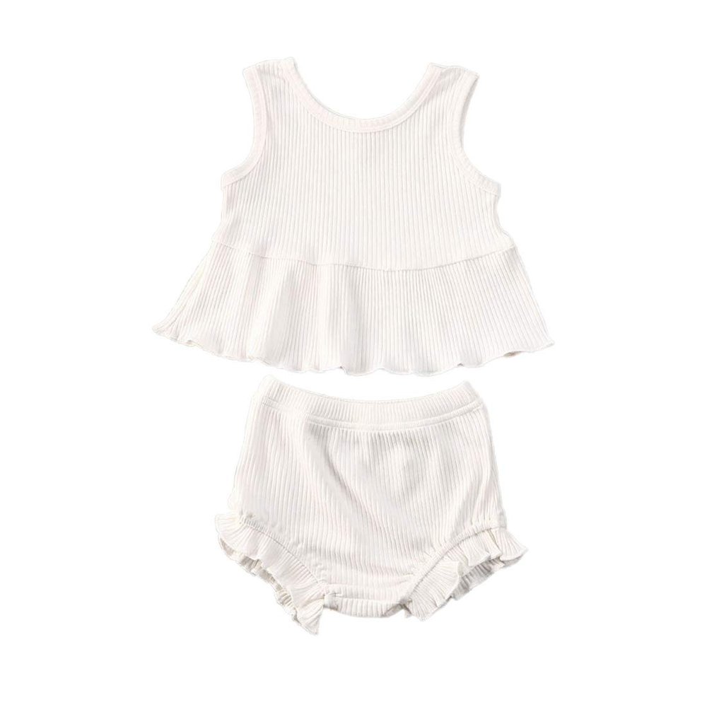 Baby Girl Summer Solid Outfit Set Todler Girls Sleeveless Ruffle Top+Ribbed Shorts Little Girl 2 Piece Clothes Set (A-White, 18-24 Months)