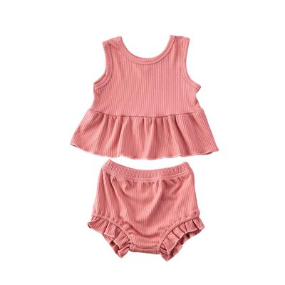 Baby Girl Summer Solid Outfit Set Todler Girls Sleeveless Ruffle Top+Ribbed Shorts Little Girl 2 Piece Clothes Set (A-Pink, 2-3T)