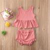 Baby Girl Summer Solid Outfit Set Todler Girls Sleeveless Ruffle Top+Ribbed Shorts Little Girl 2 Piece Clothes Set (A-Pink, 2-3T) view 2