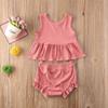 Baby Girl Summer Solid Outfit Set Todler Girls Sleeveless Ruffle Top+Ribbed Shorts Little Girl 2 Piece Clothes Set (A-Pink, 2-3T) view 3