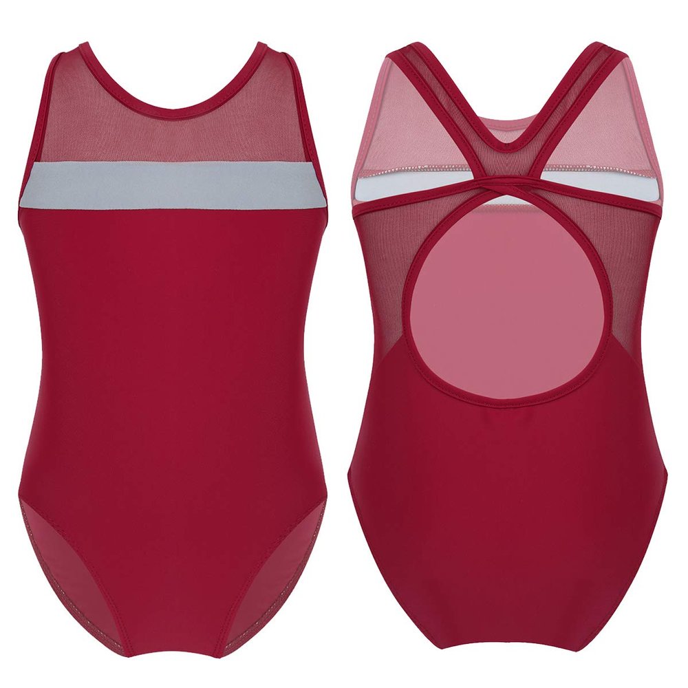 Mufeng Kids Girls Mesh Splice Criss Cross Cutouts Back Dance Leotard Gymnastics Ballet Athletic Tops Dancewear Burgundy 10