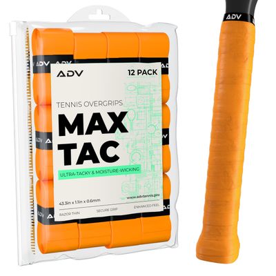 ADV MaxTac Tacky Tennis Overgrip - 12 Pack Extremely Sticky Non-Slip Tennis Grips Overgrip - Razor-Thin & Easy to Use Pro Tennis Racquet Grip Tape (12-Pack Orange)