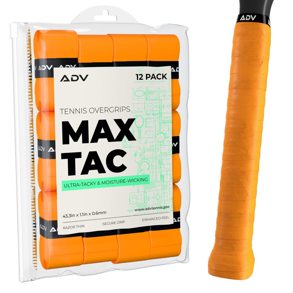 ADV MaxTac Tacky Tennis Overgrip - 12 Pack Extremely Sticky Non-Slip Tennis Grips Overgrip - Razor-Thin & Easy to Use Pro Tennis Racquet Grip Tape (12-Pack Orange)