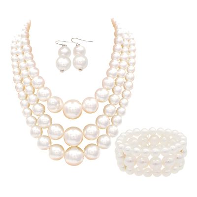 A-White Chunky Faux Pearl Necklace and Earring Set - Large Costume Jewelry for Women - 1920s Gatsby Accessories