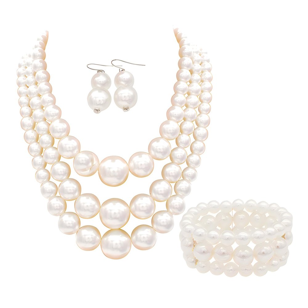 A-White Chunky Faux Pearl Necklace and Earring Set - Large Costume Jewelry for Women - 1920s Gatsby Accessories