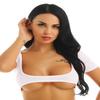 QinCiao Women's Short Sleeve Mesh See Through Open Bust Belly Dance Crop Top T-Shirt White One Size view 4