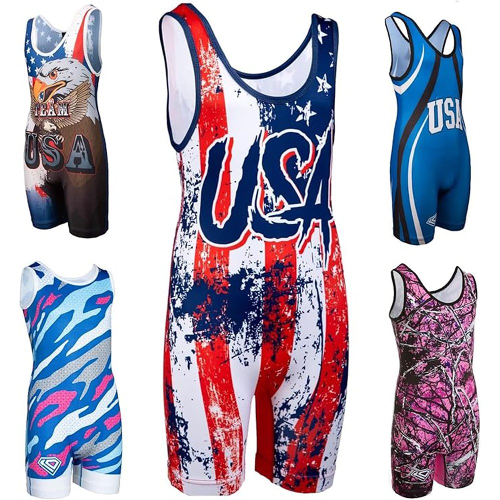 KO Sports Gear Unisex Wrestling Singlet for Adult Wrestlers - Wrestling Singlet for Men & Women - Bold Durable Uniform, Stretchy Breathable Material - USA Flag, Adult Small