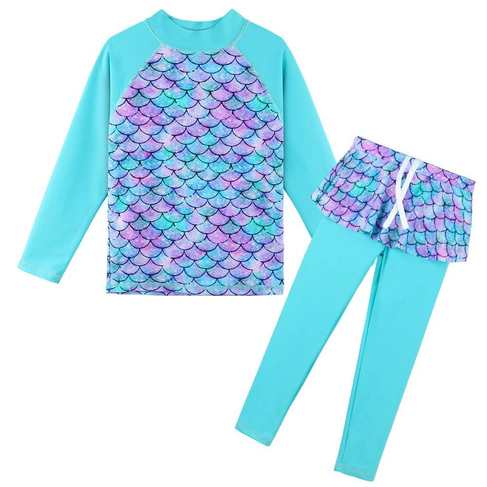 TFJH E 2PCS Girls Long Sleeve Swimsuits Rashguard Sets Swimming Dress Skirt UPF 50 + Scale Cyan 10A