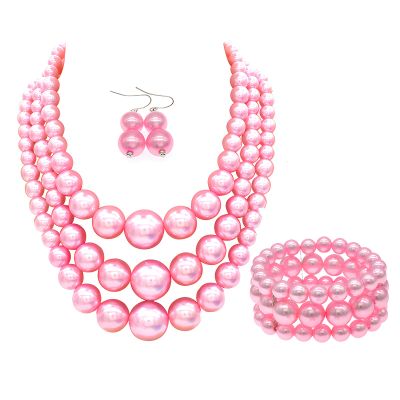 A-Pink Chunky Pearl Necklace and Earring Set - Large Faux Pearls Gatsby Costume Accessories
