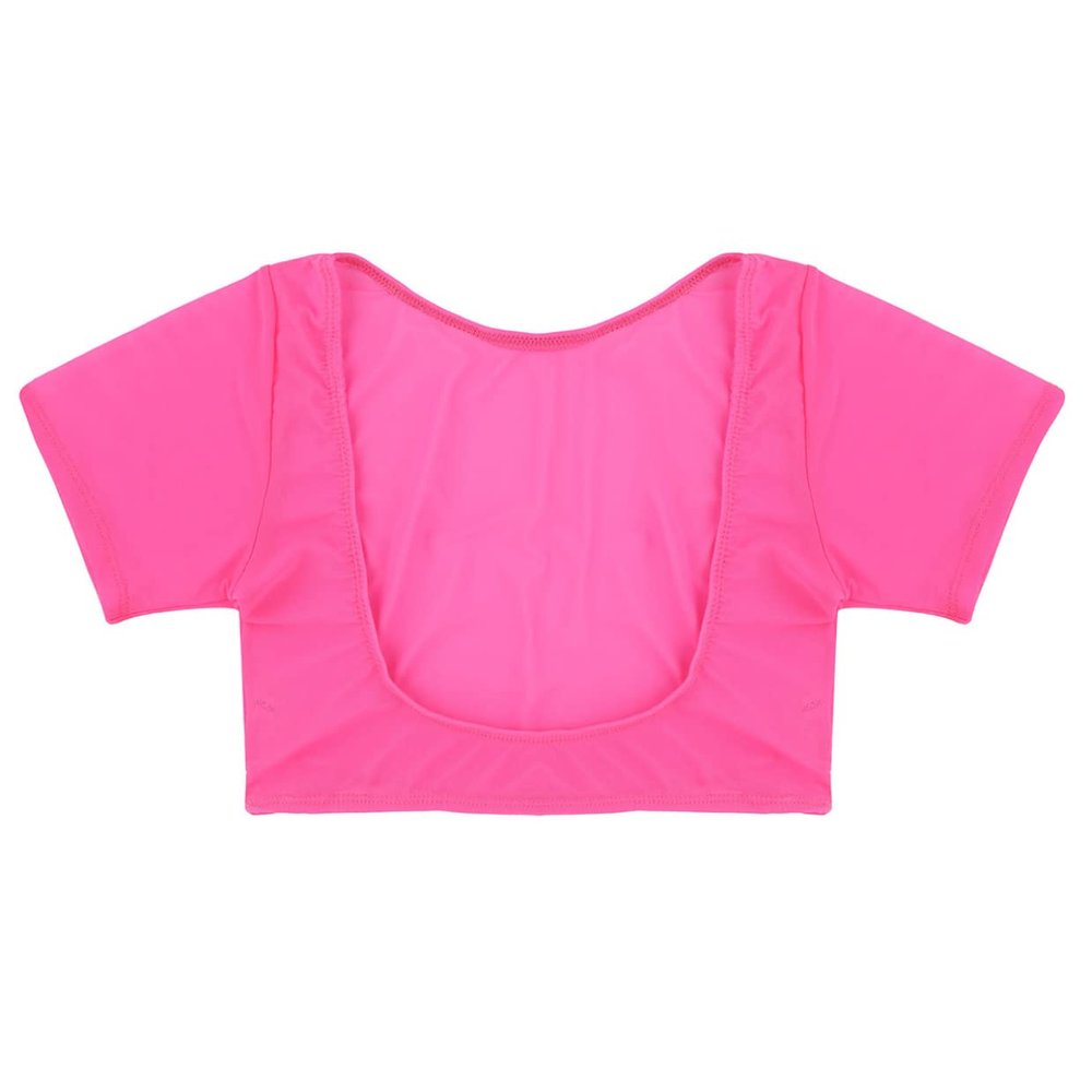 QinCiao Women's Short Sleeve Mesh See Through Open Bust Belly Dance Crop Top T-Shirt Hot Pink One Size