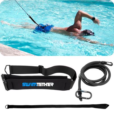 Swim Tether Stationary Swimming Belt Travel Pack  Universal Fit (One Size) for Pools & Swim Spas | Adjustable Comfort Belt, 8-ft Stretch Cord, Non-Slip Anchor Strap, Portable Resistance Training Kit