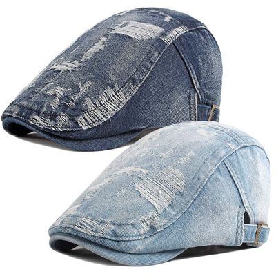 2 Pack Mens Denim Cotton Newsboy Cap Ivy Gatsby Driving Hunting Cabbie Hats (D)