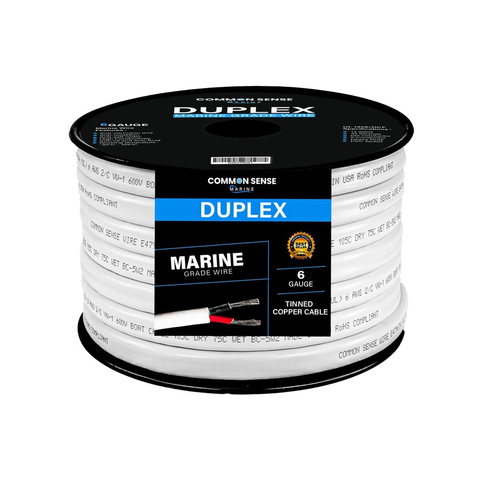 6/2 AWG UL 1426 (The Real Thing) Duplex Flat Marine Wire - Tinned Copper Boat Cable - Red/Black - 30 Feet - White PVC Jacket