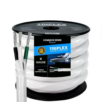 6/3 AWG UL 1426 (The Real Thing) Triplex Round Marine Wire - Tinned Copper Boat Cable - 30 Feet - White PVC Jacket