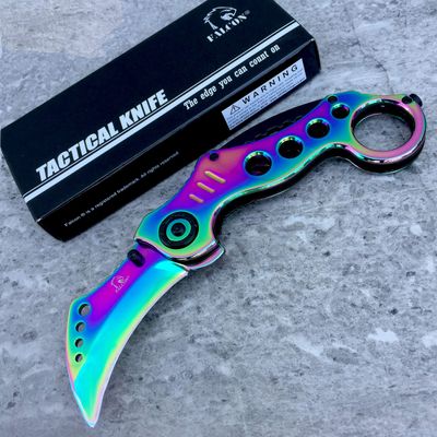 Falcon 7.25 Inch Folding Pocket Knife 2.5 Inch Clip Point Blade, Colorful Handle with Belt Clip, 440 Stainless Steel EDC Knife for Outdoor & Utility Use (Rainbow)