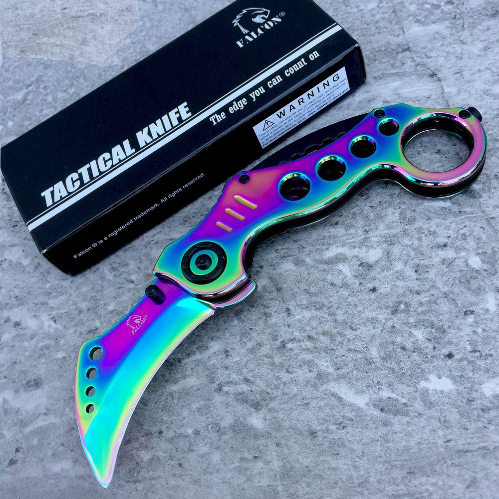 Falcon 7.25 Inch Folding Pocket Knife 2.5 Inch Clip Point Blade, Colorful Handle with Belt Clip, 440 Stainless Steel EDC Knife for Outdoor & Utility Use (Rainbow)